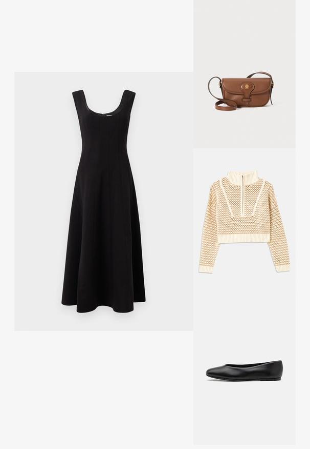Sweater cropped de cor bege claro com gola alta com fecho, apresentando um padrão texturizado e mangas e bainha caneladas. Combina materiais tricotados e tecidos.; Vestido preto com decote redondo, design sem mangas e silhueta em linha A com saia rodada. Apresenta detalhes de costura vertical para estrutura.; Paul Smith TOPANGA - Sabrinas - black; Bolsa de ombro em couro castanho com uma aba curva, hardware dourado e um logo decorativo. A alça é ajustável e apresenta uma textura suave.