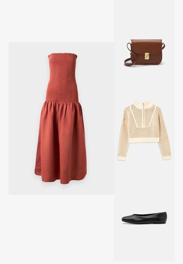 Sweater cropped de cor bege claro com gola alta com fecho, apresentando um padrão texturizado e mangas e bainha caneladas. Combina materiais tricotados e tecidos.; Vestido longo, sem mangas, com corpete franzido na cor ferrugem, apresentando uma saia godê e pregueada para um visual texturizado.; Paul Smith TOPANGA - Sabrinas - black; Bolsa de couro castanho com fecho de aba, decoração em tom dourado, alça de ombro e textura suave. Formato retangular compacto.