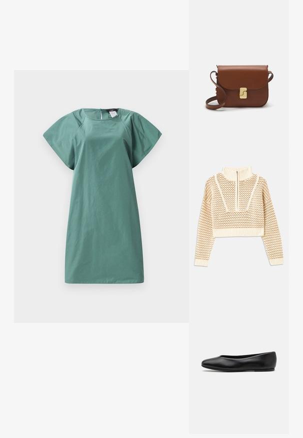 Helles, beigefarbenes, kurzes Sweatshirt mit einem Reißverschlusskragen, das ein strukturiertes Muster sowie gerippte Bündchen und Saum aufweist. Kombiniert Strick- und Webmaterialien.; Ein kurzärmliges Kleid in einem gedämpften Grünton, mit einer lockeren Passform, glatter Textur und einem Reißverschluss auf der Rückseite für den Verschluss.; Paul Smith TOPANGA - Klassischer Ballerina - black; Braune Ledertasche mit Klappenverschluss, Beschlägen in Goldfarbe, einem Schultergurt und einer glatten Oberfläche. Kompakte rechteckige Form.