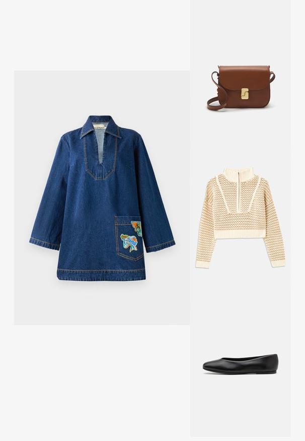 Pull en beige clair court avec un col montant zippé, présentant un motif texturé et des poignets et un ourlet côtelés. Combine des matériaux tricotés et tissés.; Tunique en denim avec un décolleté en V profond, des manches longues, des coutures jaunes contrastantes et une poche brodée avec des motifs colorés.; Paul Smith TOPANGA - Ballerines - black; Sac à main en cuir marron avec une fermeture à rabat, des accents en métal doré, une bandoulière et une texture lisse. Forme rectangulaire compacte.