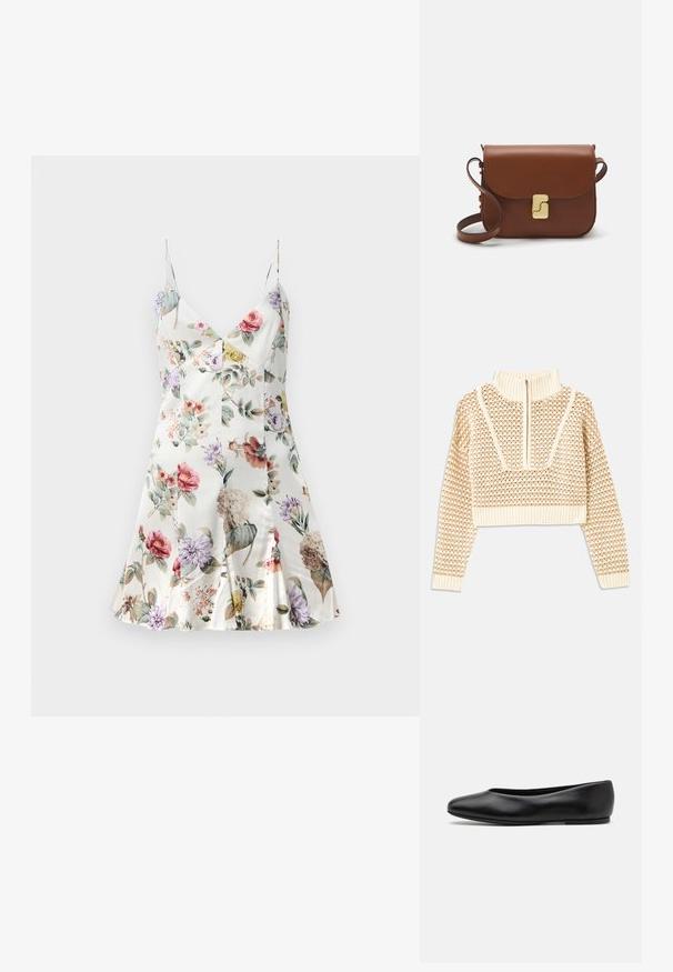 Helles, beigefarbenes, kurzes Sweatshirt mit einem Reißverschlusskragen, das ein strukturiertes Muster sowie gerippte Bündchen und Saum aufweist. Kombiniert Strick- und Webmaterialien.; Blumenbedrucktes Satinkleid mit V-Ausschnitt, dünnen Trägern, ausgestelltem Saum und verschiedenen Blumen in Rosa, Lila, Gelb und Grün auf einem weißen Hintergrund.; Paul Smith TOPANGA - Klassischer Ballerina - black; Braune Ledertasche mit Klappenverschluss, Beschlägen in Goldfarbe, einem Schultergurt und einer glatten Oberfläche. Kompakte rechteckige Form.