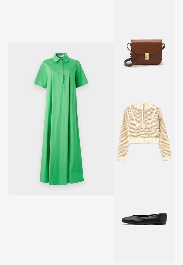 Sweater cropped de cor bege claro com gola alta com fecho, apresentando um padrão texturizado e mangas e bainha caneladas. Combina materiais tricotados e tecidos.; Vestido de algodão verde com decote de gola, mangas curtas e uma silhueta relaxada até ao chão. Textura suave sem padrões visíveis.; Paul Smith TOPANGA - Sabrinas - black; Bolsa de couro castanho com fecho de aba, decoração em tom dourado, alça de ombro e textura suave. Formato retangular compacto.