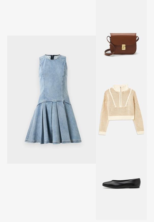 Šviesiai kreminis sutrumpintas megztinis su užtrauktuku ir apykakle, turintis tekstūruotą raštą bei gaubtus ir apykaklę su banguotais kraštais. Sujungia megztą ir audinį.; BeAmanda, lengvos mėlynos džinsinės suknelės be rankovių, prigludusi liemeniui ir pločio klostuota sijona, apvaliu iškirpimu ir matomu užtrauktuku nugaros pusėje.; Paul Smith TOPANGA - Balerinos stiliaus laivutės - black; Ruda odinė rankinė su uždaromu dangteliu, aukso spalvos detalėmis, petneša ir lygiu paviršiumi. Kompaktiška stačiakampio formos.