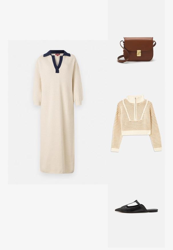 Ljusbeige kortad tröja med dragkedja i mock neck, med ett strukturerat mönster samt ribbade mudd och nederkant. Kombinerar stickade och vävda material.; Lång, krämfärgad klänning med en strukturerad tyg, med en marinblå krage och en V-ringad design. Trekvartsärmar fulländar looken.; Svart läderslingback-sko med spetsig tå, med en vävd detalj och plisserad överdel. Platt sula med minimal hårdvara.; Brun läderhandväska med klaffstängning, guldfärgad hårdvara, axelrem och en slät yta. Kompakt rektangulär form.