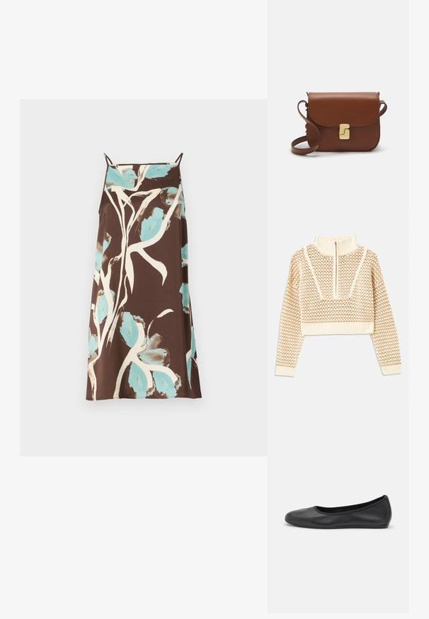 Light beige cropped sweater with a zippered mock neck, featuring a textured pattern and ribbed cuffs and hem. Combines knit and woven materials.; Brown dress featuring an abstract floral design in light blue and white. Spaghetti straps and a relaxed fit. Smooth fabric texture.; Black leather ballet flat with a rounded toe, smooth texture, minimal stitching detail, and a flexible sole design.; Brown leather handbag with a flap closure, gold-tone hardware, a shoulder strap, and a smooth texture. Compact rectangular shape.