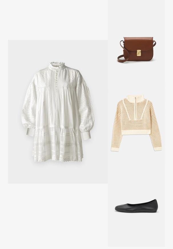 Pull en beige clair court avec un col montant zippé, présentant un motif texturé et des poignets et un ourlet côtelés. Combine des matériaux tricotés et tissés.; Vanessa Bruno DIANE - Robe de jour - blanc; Ballerines en cuir noir avec un bout rond, texture lisse, détails de couture minimalistes et design de semelle flexible.; Sac à main en cuir marron avec une fermeture à rabat, des accents en métal doré, une bandoulière et une texture lisse. Forme rectangulaire compacte.