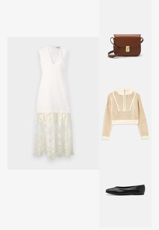 Svijetlo bež skraćeni džemper s rajsferšlusom i visokom ovratnikom, s teksturiranim uzorkom i rebrastim rukavima i rubom. Kombinira pletivo i tkaninu.; Bijela lanena haljina s V-izrezom, kratkim rukavima i prozirnim vezom čipkastim obrubljenjem. Ima zatvaranje na zip sprijeda. Elegantnog, strukturiranog kroja.; Paul Smith TOPANGA - Balerinke - black; Smeđa kožna torba s preklopom, zlatnim detaljima, remenom za nošenje preko ramena i glatkom teksturom. Kompaktni pravokutni oblik.