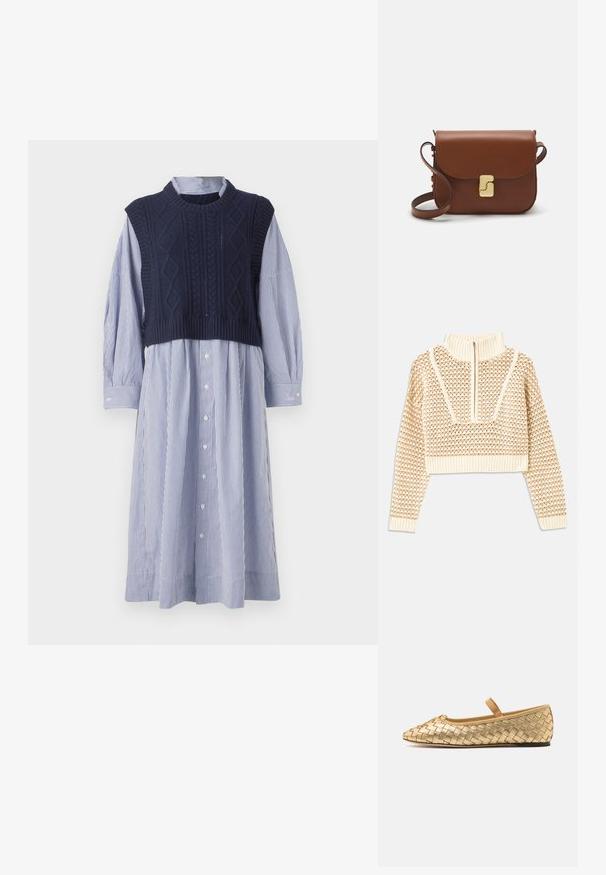 Világos bézs cropped pulóver, cipzáras álló gallérral, mely texturált mintával és bordás mandzsettával, valamint szegéllyel rendelkezik. A kötött és szőtt anyagok kombinációja.; Tengerészkék, kötött mellény kék és fehér csíkos ingruha felett. Hosszú ujjal és enyhén bővülő szegéllyel rendelkezik.; Loeffler Randall LEONIE SOFT BALLET FLAT - Bokapántos balerina cipők - gold; Barna bőr kézitáska, hajtókás zárással, arany színű fém kiegészítőkkel, vállpánttal és sima felülettel. Kompakt téglalap alakú.