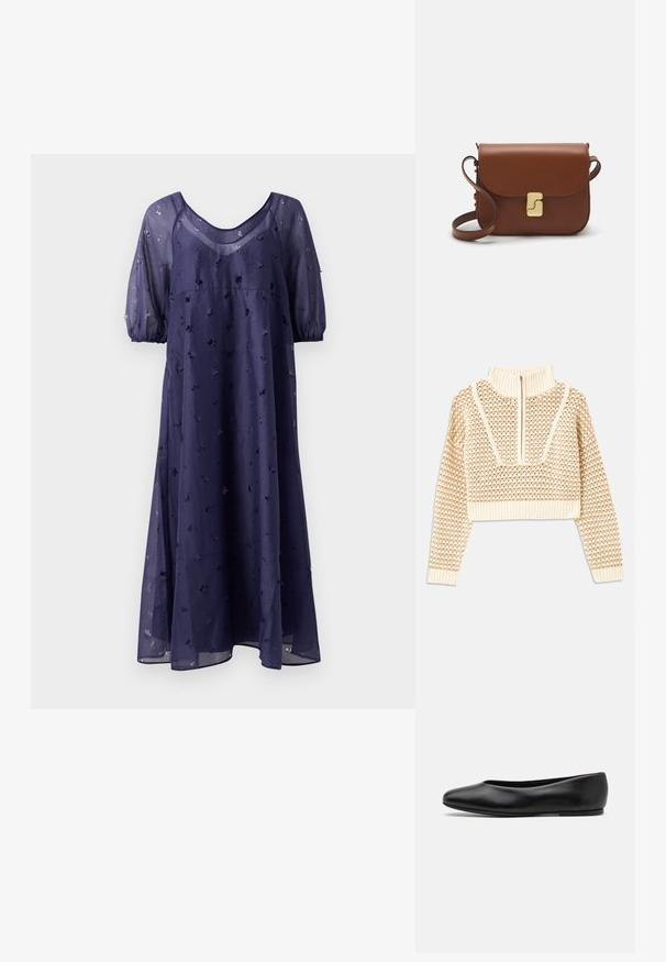 Jasnobeżowy krótki sweter z zapięciem na zamek błyskawiczny przy kołnierzu w stylu stójki, z teksturowanym wzorem oraz prążkowanymi mankietami i dołem. Łączy materiały dziane i tkane.; Granatowa, do kolan sięgająca sukienka z przejrzystego materiału, o luźnym kroju, z bufkami i haftem kwiatowym na całej powierzchni.; Paul Smith TOPANGA czarny; Brązowa skórzana torebka na ramię z klapką, złotymi detalami, paskiem na ramię i gładką teksturą. Kompaktowy prostokątny kształt.