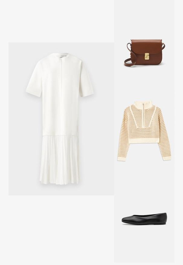 Svijetlo bež skraćeni džemper s rajsferšlusom i visokom ovratnikom, s teksturiranim uzorkom i rebrastim rukavima i rubom. Kombinira pletivo i tkaninu.; Bijela haljina s kratkim rukavima, okruglim izrezom i teksturiranim gornjim dijelom. Donji dio ima nabran dizajn s mekim, lepršavim materijalom.; Paul Smith TOPANGA - Balerinke - black; Smeđa kožna torba s preklopom, zlatnim detaljima, remenom za nošenje preko ramena i glatkom teksturom. Kompaktni pravokutni oblik.
