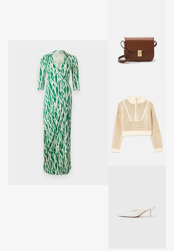 Šviesiai kreminis sutrumpintas megztinis su užtrauktuku ir apykakle, turintis tekstūruotą raštą bei gaubtus ir apykaklę su banguotais kraštais. Sujungia megztą ir audinį.; Žalia ir balta aptraukiama suknelė su V formos iškirpte, trijų ketvirčių ilgumo rankovėmis ir laisvu dizainu, puoštu lapų motyvais. Lygi audinio tekstūra.; Smailas balti mules su smailiu priekiniu pasagų ir žemu aukštu kulnu. Pagaminti iš lygios medžiagos, minimalistinio dizaino su subtiliu smėlio spalvos pado akcentu.; Ruda odinė rankinė su uždaromu dangteliu, aukso spalvos detalėmis, petneša ir lygiu paviršiumi. Kompaktiška stačiakampio formos.