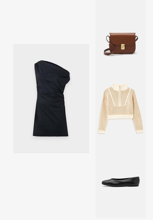 Sweater cropped de cor bege claro com gola alta com fecho, apresentando um padrão texturizado e mangas e bainha caneladas. Combina materiais tricotados e tecidos.; Vestido preto de um ombro com textura franzida e bainha até ao joelho. Feito de tecido suave, com um acabamento liso e design minimalista.; Paul Smith TOPANGA - Sabrinas - black; Bolsa de couro castanho com fecho de aba, decoração em tom dourado, alça de ombro e textura suave. Formato retangular compacto.
