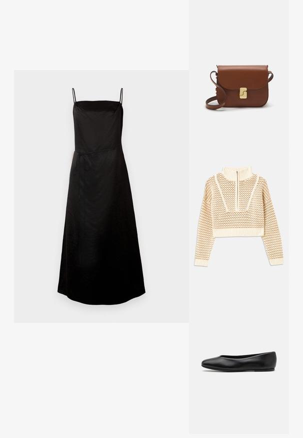 Helebeige lühike sviiter, millel on lukuga kaelus, tekstuuriga muster ning soonikuga varrukad ja äär. Kombineerib kudumise ja kootud materjalid.; Musträne õlapaeltega must kleit, mis omab voolavat siluetti ning millel on vöökohtade sidumisdetail ja peen tekstuur. Keskmise pikkusega disain.; Paul Smith TOPANGA - Baleriinad - black; Pruunist nahast käekott, millel on klapiga sulgur, kuldne riistvara, õlarihm ja sile tekstuur. Kompaktne ristkülikukujuline vorm.