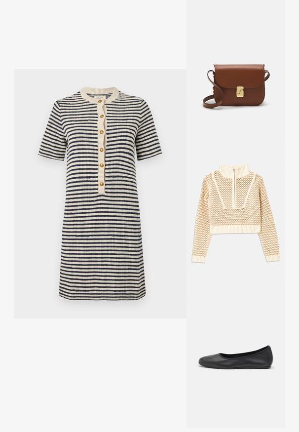 Pullover cropped beige chiaro con collo alto con zip, caratterizzato da un motivo testurizzato e polsini e orlo a coste. Combina materiali a maglia e tessuti.; Abito a righe in crema e blu navy, maniche corte, scollatura tonda, chiusura frontale con bottoni dorati, tessuto a maglia testurizzato, lunghezza sopra il ginocchio.; Pantofole da balletto nere in pelle con punta arrotondata, texture liscia, dettagli di cucitura minimi e design con suola flessibile.; Borsa a tracolla in pelle marrone con chiusura a pattina, hardware color oro, tracolla e una finitura liscia. Forma rettangolare compatta.