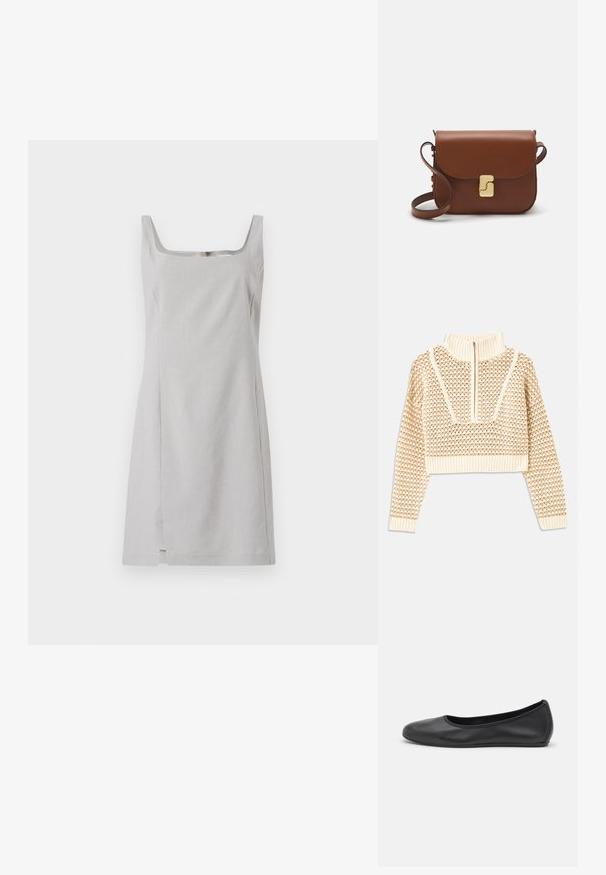 Világos bézs cropped pulóver, cipzáras álló gallérral, mely texturált mintával és bordás mandzsettával, valamint szegéllyel rendelkezik. A kötött és szőtt anyagok kombinációja.; Szürke, ujjatlan ruha, négyzet alakú nyakkivágással, testhezálló siluettel és egyenes aljjal. Könnyű, sima textúrájú anyagból készült.; Fekete bőr balettcipő lekerekített orral, sima tekstúrával, minimális varrással és rugalmas talp kialakítással.; Barna bőr kézitáska, hajtókás zárással, arany színű fém kiegészítőkkel, vállpánttal és sima felülettel. Kompakt téglalap alakú.