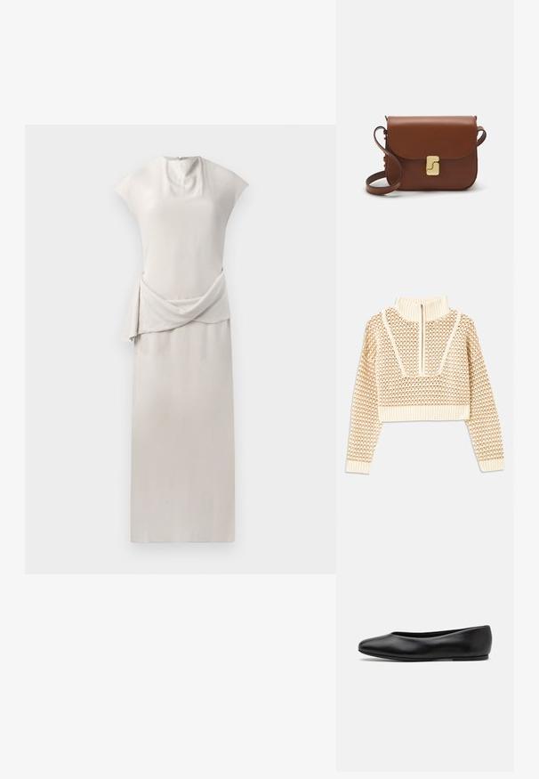 Helles, beigefarbenes, kurzes Sweatshirt mit einem Reißverschlusskragen, das ein strukturiertes Muster sowie gerippte Bündchen und Saum aufweist. Kombiniert Strick- und Webmaterialien.; Elegantes, ärmelloses Kleid aus weichem beigen Stoff. Mit einem drapierten Taillenbereich und einer glatten, geraden Silhouette. Reißverschlussverschluss auf der Rückseite.; Paul Smith TOPANGA - Klassischer Ballerina - black; Braune Ledertasche mit Klappenverschluss, Beschlägen in Goldfarbe, einem Schultergurt und einer glatten Oberfläche. Kompakte rechteckige Form.