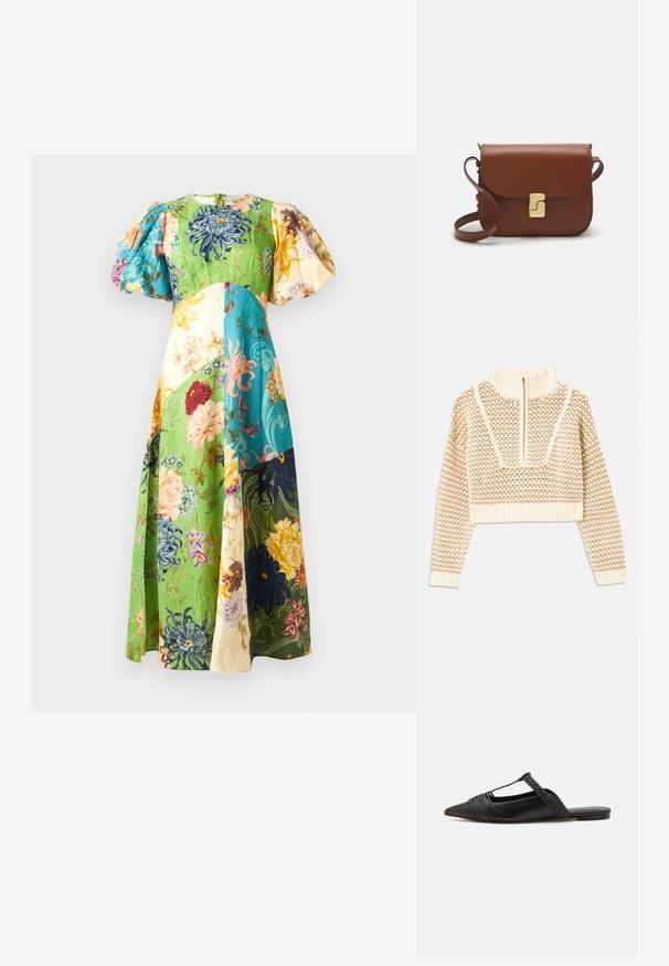 Šviesiai kreminis sutrumpintas megztinis su užtrauktuku ir apykakle, turintis tekstūruotą raštą bei gaubtus ir apykaklę su banguotais kraštais. Sujungia megztą ir audinį.; Gėlėta maksi suknelė su pūstomis rankovėmis; yra žalių, mėlynų, geltonų ir kreminių panelių. Tekstūruotas audinys su įvairiais gėlių raštais.; Juodos odinės slingback bateliai su smailiu pirštu, turintys audinį akcentą ir raukšlėtą viršutinį dizainą. Lygus padas su minimaliais aksesuarais.; Ruda odinė rankinė su uždaromu dangteliu, aukso spalvos detalėmis, petneša ir lygiu paviršiumi. Kompaktiška stačiakampio formos.