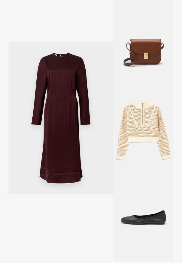 Gaišas bezgaismas īsais džemperis ar rāvējslēdzēju un stāvošu apkakli, ar faktūru rakstu un ribinātām piedurknēm un apakšmalu. Apvieno adītus un audumus.; Garās piedurknes, tumši burgundijas krāsas midi kleita ar augstu apkakli un pogātām aprocēm, parādīta uz vienkārša gaiša fona.; Melna ādas baleta kurpe ar noapaļotu purngalu, gludu tekstūru, minimālu šuvju detalizāciju un elastīgu zoles dizainu.; Bordo ādas rokas soma ar atloku, zeltītām detaļām, plecu siksnu un gludu virsmu. Kompakta, taisnstūrveida forma.