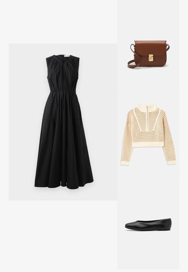 Světle béžový zkrácený svetr s doplňkovým zipem a imitací límce, zdobený texturovaným vzorem a pletenými manžetami a lemem. Kombinuje pletené a tkané materiály.; Černé bezramínkové šaty s výstřihem do V, nařaseným živůtkem a designem s vrstvenou sukní. Vyrobené z hladké tkaniny s jemným leskem. Zapínání na zip na zadní straně.; Paul Smith TOPANGA - Klasické baleríny - black; Hnědá kožená kabelka s klopou, zlatými kovovými detaily, ramenním popruhem a hladkým povrchem. Kompaktní obdélníkový tvar.