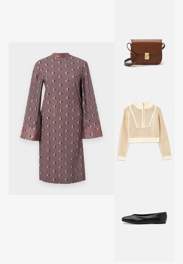 Light beige cropped sweater with a zippered mock neck, featuring a textured pattern and ribbed cuffs and hem. Combines knit and woven materials.; Long-sleeve dress in dusty rose fabric featuring a geometric diamond pattern in dark gray and black, with contrasting satin cuffs.; Paul Smith TOPANGA - Ballet pumps - black; Brown leather handbag with a flap closure, gold-tone hardware, a shoulder strap, and a smooth texture. Compact rectangular shape.