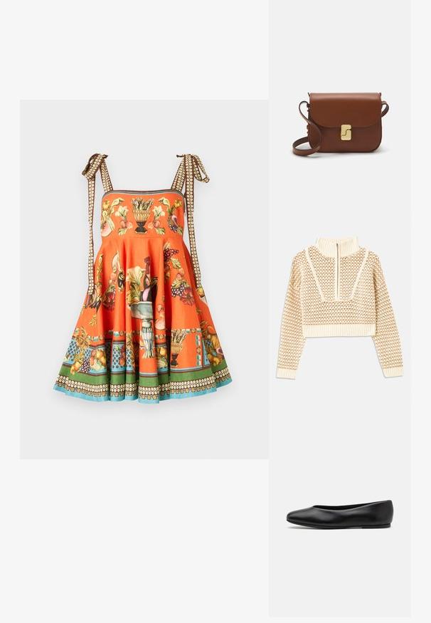 Világos bézs cropped pulóver, cipzáras álló gallérral, mely texturált mintával és bordás mandzsettával, valamint szegéllyel rendelkezik. A kötött és szőtt anyagok kombinációja.; Ujjatlan narancssárga ruha virág- és gyümölcsmintával, állítható barna és fehér mintás pántokkal, valamint zöld és kék szegéllyel díszített bővülő szoknyával.; Paul Smith TOPANGA - Balerina cipők - black; Barna bőr kézitáska, hajtókás zárással, arany színű fém kiegészítőkkel, vállpánttal és sima felülettel. Kompakt téglalap alakú.