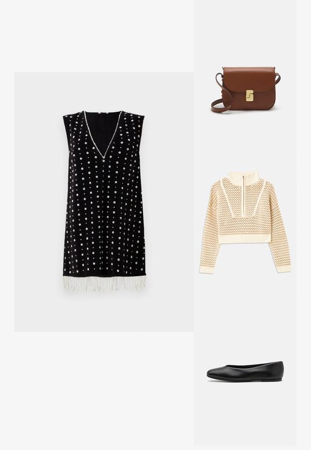 Sweater cropped de cor bege claro com gola alta com fecho, apresentando um padrão texturizado e mangas e bainha caneladas. Combina materiais tricotados e tecidos.; Vestido preto sem mangas com decote em V, adornado com pequenas bordaduras florais brancas, apresentando um acabamento decorativo em franjas na bainha.; Paul Smith TOPANGA - Sabrinas - black; Bolsa de couro castanho com fecho de aba, decoração em tom dourado, alça de ombro e textura suave. Formato retangular compacto.