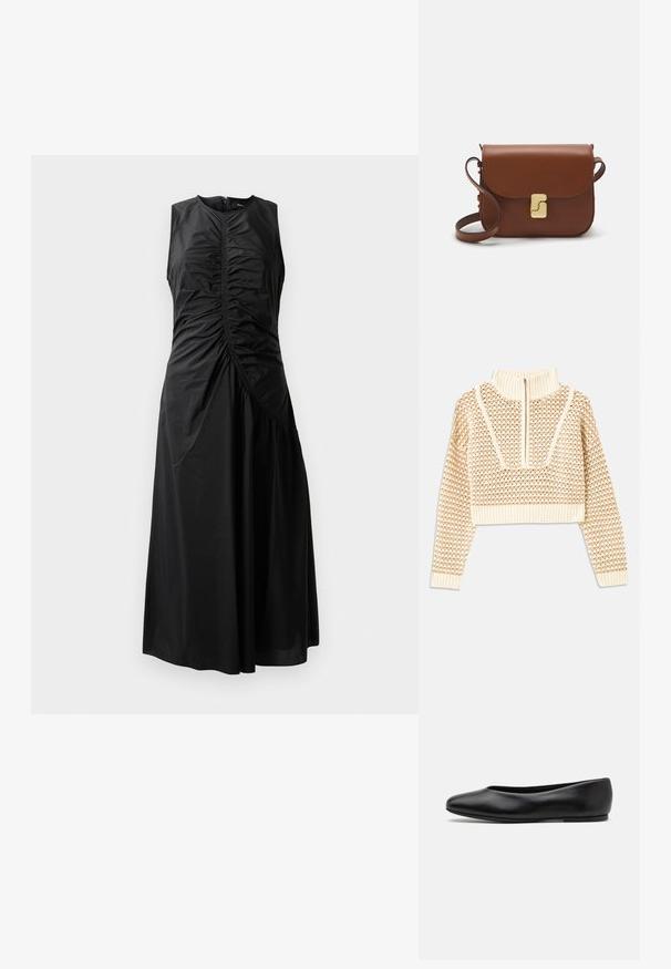 Light beige cropped sweater with a zippered mock neck, featuring a textured pattern and ribbed cuffs and hem. Combines knit and woven materials.; Black sleeveless dress with gathered detailing, a fitted bodice, an A-line skirt, and side zipper closure. Made of smooth, lightweight fabric.; Paul Smith TOPANGA - Ballet pumps - black; Brown leather handbag with a flap closure, gold-tone hardware, a shoulder strap, and a smooth texture. Compact rectangular shape.