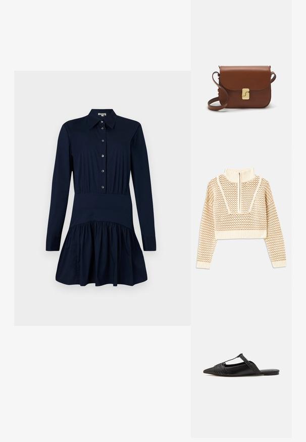 Világos bézs cropped pulóver, cipzáras álló gallérral, mely texturált mintával és bordás mandzsettával, valamint szegéllyel rendelkezik. A kötött és szőtt anyagok kombinációja.; Sötétkék ingruha, gombos elülső résszel, hosszú ujjakkal, fitted derékkal és körben bővülő szoknyával, amelynek szegélye ráncolt díszítést kapott.; Fekete bőr slingback cipő hegyes orral, szőtt díszítéssel és redőzött felső dizájnnal. Lapos talp minimális hardverrel.; Barna bőr kézitáska, hajtókás zárással, arany színű fém kiegészítőkkel, vállpánttal és sima felülettel. Kompakt téglalap alakú.