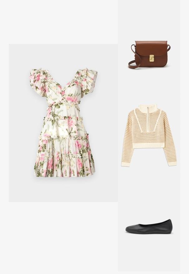 Jasnobeżowy krótki sweter z zapięciem na zamek błyskawiczny przy kołnierzu w stylu stójki, z teksturowanym wzorem oraz prążkowanymi mankietami i dołem. Łączy materiały dziane i tkane.; Kwiecista sukienka na białym tle, z różowymi różami i zielonymi liśćmi. Volany na rękawach, dekolt w serek oraz warstwowa spódnica z falbanami.; Czarne skórzane baletki z zaokrąglonym noskiem, gładką fakturą, minimalnymi przeszyciami i elastycznym designem podeszwy.; Brązowa skórzana torebka na ramię z klapką, złotymi detalami, paskiem na ramię i gładką teksturą. Kompaktowy prostokątny kształt.