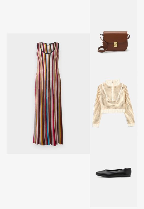Svijetlo bež skraćeni džemper s rajsferšlusom i visokom ovratnikom, s teksturiranim uzorkom i rebrastim rukavima i rubom. Kombinira pletivo i tkaninu.; Duge haljine bez rukava s vertikalnim prugama u crvenoj, ružičastoj, senf žutoj, smeđoj, plavoj i crnoj boji na svijetloj pozadini.; Paul Smith TOPANGA - Balerinke - black; Smeđa kožna torba s preklopom, zlatnim detaljima, remenom za nošenje preko ramena i glatkom teksturom. Kompaktni pravokutni oblik.