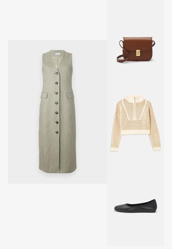 Világos bézs cropped pulóver, cipzáras álló gallérral, mely texturált mintával és bordás mandzsettával, valamint szegéllyel rendelkezik. A kötött és szőtt anyagok kombinációja.; Ujjatlan, hosszú zöld ruha finom textúrával, V-nyakkal, elülső gombos záródással és két elülső zsebbel. Fekete gombok kontrasztálnak az anyaggal.; Fekete bőr balettcipő lekerekített orral, sima tekstúrával, minimális varrással és rugalmas talp kialakítással.; Barna bőr kézitáska, hajtókás zárással, arany színű fém kiegészítőkkel, vállpánttal és sima felülettel. Kompakt téglalap alakú.