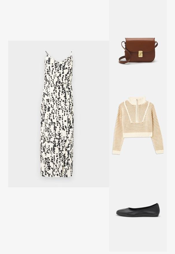 Sweater cropped de cor bege claro com gola alta com fecho, apresentando um padrão texturizado e mangas e bainha caneladas. Combina materiais tricotados e tecidos.; Vestido sem mangas na cor creme com um padrão abstrato preto, apresentando uma cintura ajustada, silhueta reta e uma bainha de comprimento médio.; Bailarina preta em pele com bico arredondado, textura suave, detalhe de costura minimalista e design de sola flexível.; Bolsa de couro castanho com fecho de aba, decoração em tom dourado, alça de ombro e textura suave. Formato retangular compacto.