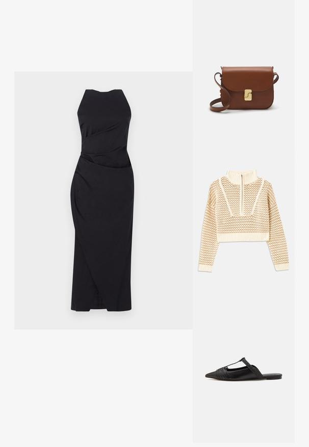 Pull en beige clair court avec un col montant zippé, présentant un motif texturé et des poignets et un ourlet côtelés. Combine des matériaux tricotés et tissés.; Marella ELEGIA - Robe de soirée - nero; Chaussure en cuir noir à talon ouvert avec un bout pointu, présentant un accent tressé et un design supérieur plissé. Semelle plate avec un matériel minimal.; Sac à main en cuir marron avec une fermeture à rabat, des accents en métal doré, une bandoulière et une texture lisse. Forme rectangulaire compacte.