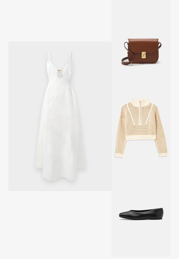 Sweater cropped de cor bege claro com gola alta com fecho, apresentando um padrão texturizado e mangas e bainha caneladas. Combina materiais tricotados e tecidos.; Vestido branco com alças finas, decote V profundo e um recorte em forma de olho-chave. Tecido liso com um leve brilho, comprimento até o tornozelo e corpete ajustado.; Paul Smith TOPANGA - Sabrinas - black; Bolsa de couro castanho com fecho de aba, decoração em tom dourado, alça de ombro e textura suave. Formato retangular compacto.