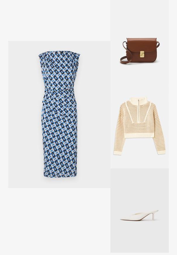 Šviesiai kreminis sutrumpintas megztinis su užtrauktuku ir apykakle, turintis tekstūruotą raštą bei gaubtus ir apykaklę su banguotais kraštais. Sujungia megztą ir audinį.; Prigludusi, be petnešėlių suknelė juodos, mėlynos ir baltos geometrinės raštų. Lygus audinys su surinkta dizaino sritis ties liemeniu. Iki kelių ilgio stilius.; Smailas balti mules su smailiu priekiniu pasagų ir žemu aukštu kulnu. Pagaminti iš lygios medžiagos, minimalistinio dizaino su subtiliu smėlio spalvos pado akcentu.; Ruda odinė rankinė su uždaromu dangteliu, aukso spalvos detalėmis, petneša ir lygiu paviršiumi. Kompaktiška stačiakampio formos.