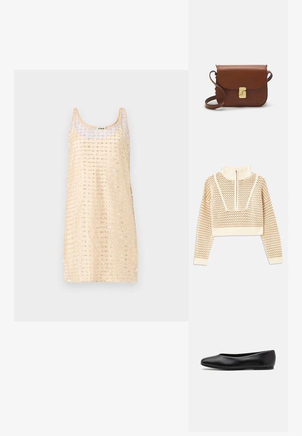 Jasnobeżowy krótki sweter z zapięciem na zamek błyskawiczny przy kołnierzu w stylu stójki, z teksturowanym wzorem oraz prążkowanymi mankietami i dołem. Łączy materiały dziane i tkane.; Beżowa mini sukienka bez rękawów z srebrnymi cekinami w kształcie gwiazdek i przezroczystym dekoltem, z metką "STAUD" na karku.; Paul Smith TOPANGA czarny; Brązowa skórzana torebka na ramię z klapką, złotymi detalami, paskiem na ramię i gładką teksturą. Kompaktowy prostokątny kształt.