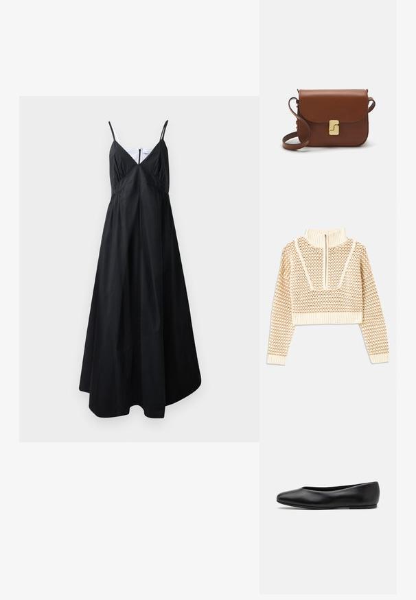 Sweater cropped de cor bege claro com gola alta com fecho, apresentando um padrão texturizado e mangas e bainha caneladas. Combina materiais tricotados e tecidos.; Vestido maxi preto feito de tecido leve. Apresenta alças finas, decote em V, corpete franzido e uma silhueta fluida. Design limpo, sem padrões.; Paul Smith TOPANGA - Sabrinas - black; Bolsa de couro castanho com fecho de aba, decoração em tom dourado, alça de ombro e textura suave. Formato retangular compacto.