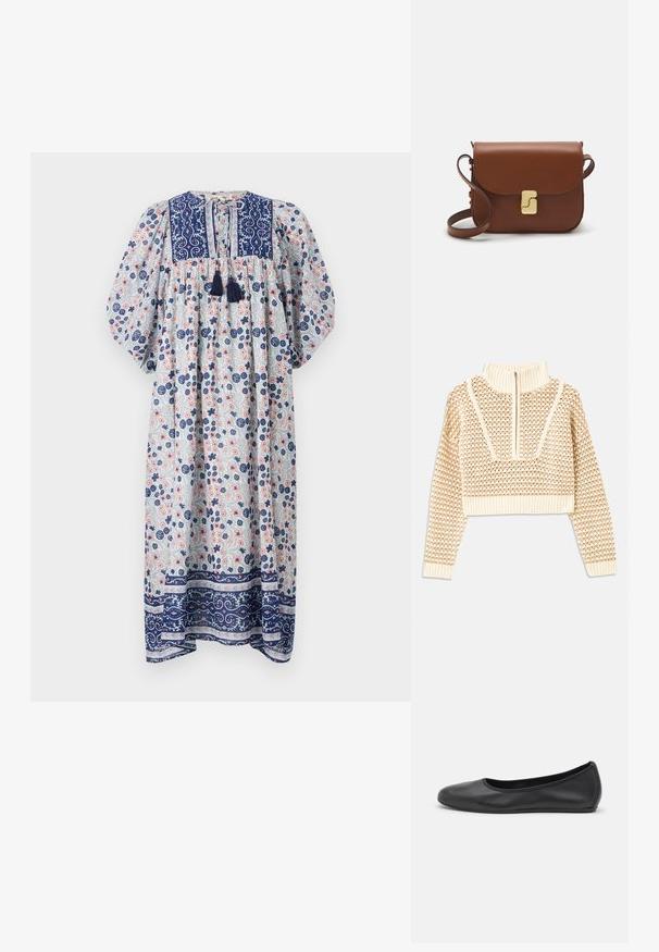 Világos bézs cropped pulóver, cipzáras álló gallérral, mely texturált mintával és bordás mandzsettával, valamint szegéllyel rendelkezik. A kötött és szőtt anyagok kombinációja.; Virágmintás, hosszú ruha kerek nyakkal, puffos ujjal és sötétkék kiegészítőkkel. Texturált anyagból készült, kék és rózsaszín virágmintákkal.; Fekete bőr balettcipő lekerekített orral, sima tekstúrával, minimális varrással és rugalmas talp kialakítással.; Barna bőr kézitáska, hajtókás zárással, arany színű fém kiegészítőkkel, vállpánttal és sima felülettel. Kompakt téglalap alakú.