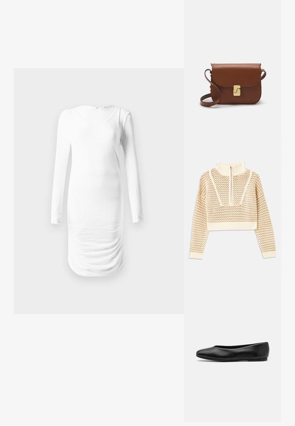 Light beige cropped sweater with a zippered mock neck, featuring a textured pattern and ribbed cuffs and hem. Combines knit and woven materials.; Long-sleeve, white dress made of smooth fabric, featuring a round neckline and gathered texture along the waist. Simple and form-fitting design.; Paul Smith TOPANGA - Ballet pumps - black; Brown leather handbag with a flap closure, gold-tone hardware, a shoulder strap, and a smooth texture. Compact rectangular shape.