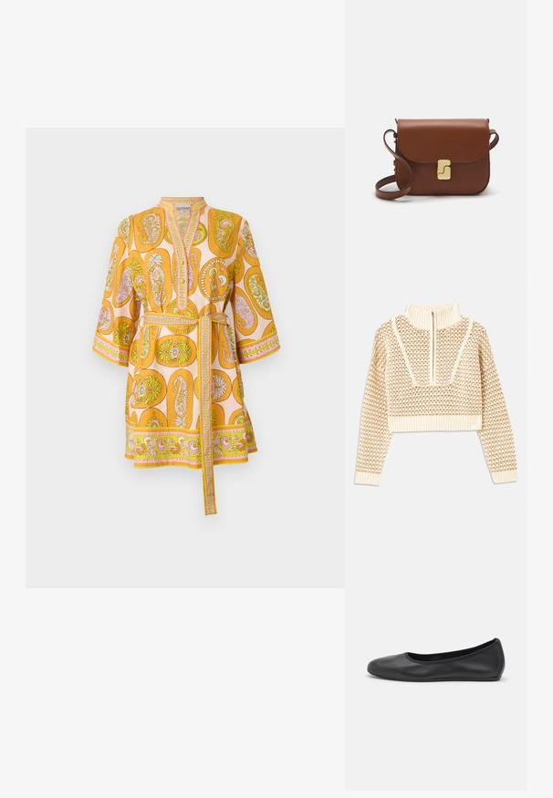 Šviesiai kreminis sutrumpintas megztinis su užtrauktuku ir apykakle, turintis tekstūruotą raštą bei gaubtus ir apykaklę su banguotais kraštais. Sujungia megztą ir audinį.; Geltona raštuota tunika su trim ketvirtadalių rankovėmis, V formos iškirpte ir surišamu diržu. Savybė paisley dizaino raštai su rožinėmis ir žaliomis akcentais.; Juodai odiniai baletai su apvaliu pirštu, lygi texture, minimalus siuvimo detales ir lanksčiu padų dizainu.; Ruda odinė rankinė su uždaromu dangteliu, aukso spalvos detalėmis, petneša ir lygiu paviršiumi. Kompaktiška stačiakampio formos.