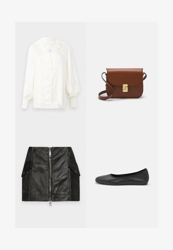Sweater cropped de cor bege claro com gola alta com fecho, apresentando um padrão texturizado e mangas e bainha caneladas. Combina materiais tricotados e tecidos.; Blusa branca com um padrão texturizado, colarinho oversized e mangas bufantes. Apresenta fecho com botões e punhos franjados. Tecido leve.; Saia mini de couro preto com um fecho éclair frontal, dois bolsos laterais e uma textura suave. Apresenta costuras reforçadas e um design estruturado.; Bailarina preta em pele com bico arredondado, textura suave, detalhe de costura minimalista e design de sola flexível.; Bolsa de couro castanho com fecho de aba, decoração em tom dourado, alça de ombro e textura suave. Formato retangular compacto.