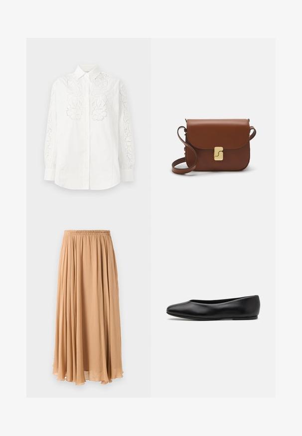 Jasnobeżowy krótki sweter z zapięciem na zamek błyskawiczny przy kołnierzu w stylu stójki, z teksturowanym wzorem oraz prążkowanymi mankietami i dołem. Łączy materiały dziane i tkane.; Biała koszula z guzikami, z kwiecistym koronkowym wykończeniem na obu rękawach i z przodu. Wykonana z bawełny, z klasycznym kołnierzykiem i długimi rękawami.; Maxi spódnica w jasnym beżu, wykonana z zwiewnego materiału. Posiada zebrany elastyczny pas i miękkie fałdy dla swobodnego ruchu.; Paul Smith TOPANGA czarny; Brązowa skórzana torebka na ramię z klapką, złotymi detalami, paskiem na ramię i gładką teksturą. Kompaktowy prostokątny kształt.