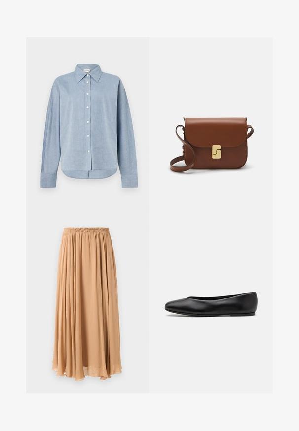 Suéter corto de un beige claro con cuello tipo chimenea con cremallera, que presenta un patrón texturizado y puños y dobladillo acanalados. Combina materiales de punto y tejido.; Camisa de botones azul claro en tejido ligero, con cuello puntiagudo, mangas largas y dobladillo curvado. Detalles clásicos de botones.; Falda maxi en beige claro, confeccionada con una tela fluida. Presenta una cintura elástica fruncida y suaves pliegues para el movimiento.; Paul Smith TOPANGA - Bailarinas - black; Bolso de mano de cuero marrón con cierre de solapa, herrajes en tono dorado, correa para el hombro y una textura suave. Forma rectangular compacta.