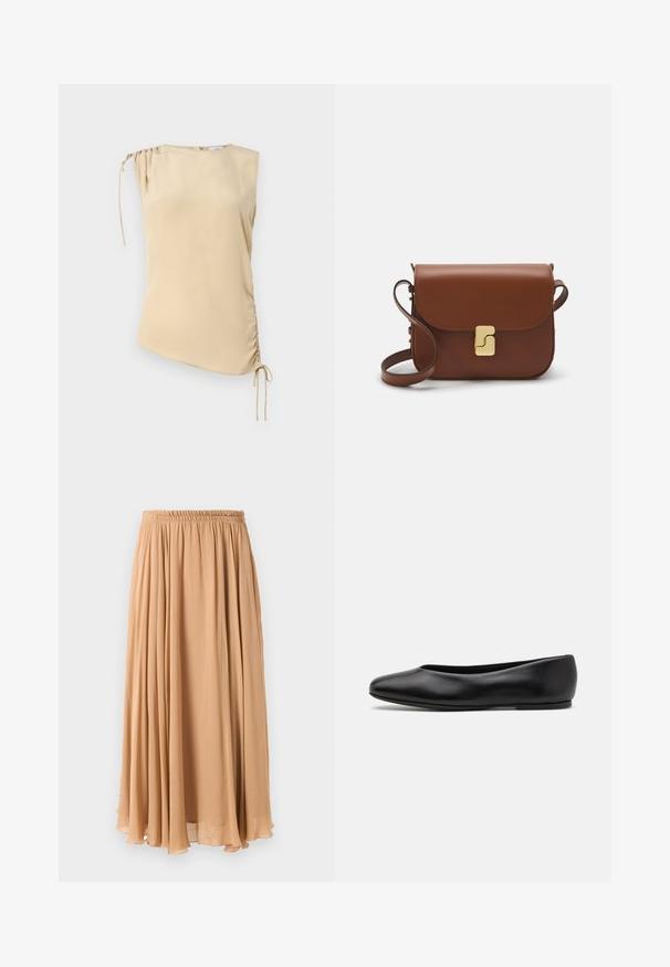 Helles, beigefarbenes, kurzes Sweatshirt mit einem Reißverschlusskragen, das ein strukturiertes Muster sowie gerippte Bündchen und Saum aufweist. Kombiniert Strick- und Webmaterialien.; Beige ärmelloses Oberteil mit asymmetrischem Saum, mit einem gerafften Abschnitt an der Schulter und verstellbaren Bindebändern auf einer Seite. Glatte Textur.; Maxi-Rock in hellbeige, aus fließendem Stoff gefertigt. Verfügt über einen gerafften, elastischen Bund und sanfte Falten für Bewegung.; Paul Smith TOPANGA - Klassischer Ballerina - black; Braune Ledertasche mit Klappenverschluss, Beschlägen in Goldfarbe, einem Schultergurt und einer glatten Oberfläche. Kompakte rechteckige Form.