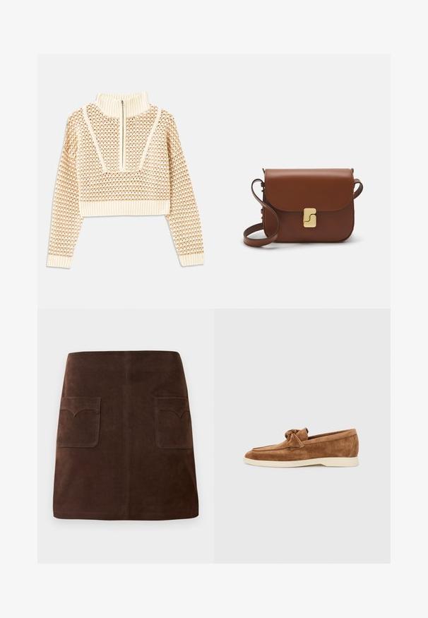 Helles, beigefarbenes, kurzes Sweatshirt mit einem Reißverschlusskragen, das ein strukturiertes Muster sowie gerippte Bündchen und Saum aufweist. Kombiniert Strick- und Webmaterialien.; Brauer Wildlederrock im klassischen A-Linien-Schnitt, mit zwei vorderen Taschen mit abgerundeten Klappen und dezenten Nähten.; Braune Wildleder-Loafers mit einer geknoteten Schleifenakzentuierung, einem flachen Design und einer kontrastierenden cremefarbenen Gummisohle.; Braune Ledertasche mit Klappenverschluss, Beschlägen in Goldfarbe, einem Schultergurt und einer glatten Oberfläche. Kompakte rechteckige Form.