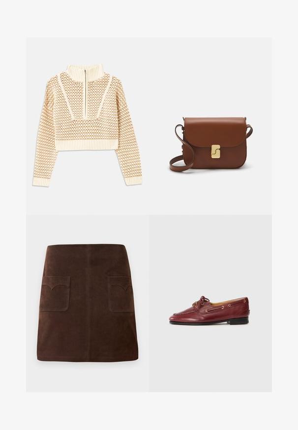 Helebeige lühike sviiter, millel on lukuga kaelus, tekstuuriga muster ning soonikuga varrukad ja äär. Kombineerib kudumise ja kootud materjalid.; Pruun seemisabal, millel on klassikaline A-linja kuju, kaks eesmist taskut ümarate klappidega ja peened tikandi detailid.; Burgundia värvi nahast paadi jalanõud ümmarguse varbaga, kinnitatavad paeladega, kuldsed silmused ja madal must tall.; Pruunist nahast käekott, millel on klapiga sulgur, kuldne riistvara, õlarihm ja sile tekstuur. Kompaktne ristkülikukujuline vorm.