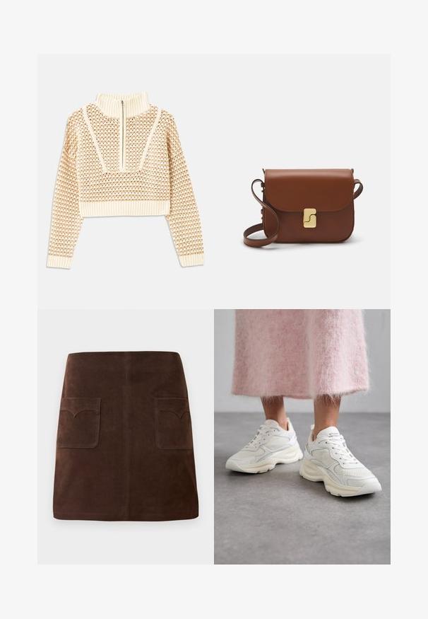 Light beige cropped sweater with a zippered mock neck, featuring a textured pattern and ribbed cuffs and hem. Combines knit and woven materials.; Brown suede skirt featuring a classic A-line shape, two front pockets with rounded flaps, and subtle stitching details.; White sneakers with mesh and leather materials, rounded toe, and cushioned sole. Features laces and brand name on tongue.; Brown leather handbag with a flap closure, gold-tone hardware, a shoulder strap, and a smooth texture. Compact rectangular shape.