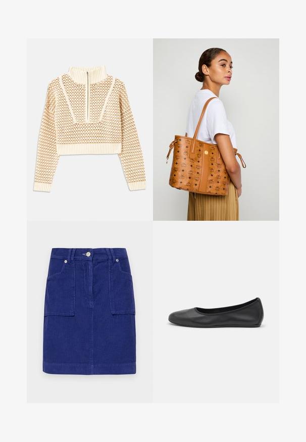 Vaalea beige lyhyt neulepusero, jossa on vetoketjukiinnitteinen korkea kaulus. Se esittelee teksturoidun kuosin ja ribbireunat hihoissa ja helmassaan. Yhdistelmä neulotusta ja kudotusta materiaalista.; PS Paul Smith WOMENS SKIRT - Minihame - blue; Musta nahkainen ballerina, jossa on pyöristetty kärki, sileä pinta, minimaalinen ommelkoristelu ja joustava pohjamuotoilu.; Nainen, jolla on päällä valkoinen paita ja raidalliset housut, kantaa tan väristä nahkaista olkalaukkua, jossa on mustia logoja, olallaan ja seisoo sivuttain.
