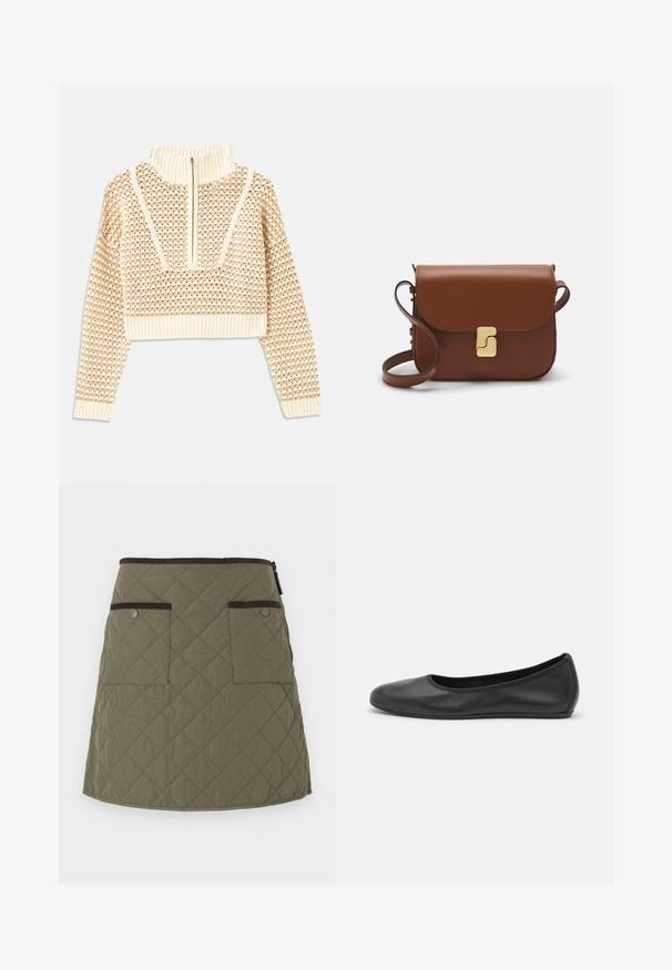 Svijetlo bež skraćeni džemper s rajsferšlusom i visokom ovratnikom, s teksturiranim uzorkom i rebrastim rukavima i rubom. Kombinira pletivo i tkaninu.; Pufasta suknja u maslinastoj zelenoj boji s rubom iznad koljena. Ima dva prednja džepa s tamnosmešnim detaljima i zatvaranje na zip.; Crne kožne baletanke s zaobljenim vrhom, glatke teksture, minimalnim detaljima šavova i fleksibilnim dizajnom potplata.; Smeđa kožna torba s preklopom, zlatnim detaljima, remenom za nošenje preko ramena i glatkom teksturom. Kompaktni pravokutni oblik.