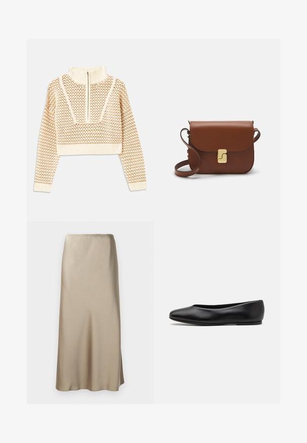 Lys beige cropped sweater med lynlås og høj hals, der har et struktureret mønster samt ribbede manchetter og nederste kant. Kombinerer strikkede og vævede materialer.; Satin midi nederdel i lys beige med elastisk talje, glat tekstur og en flydende A-form. Ingen synlige mønstre eller hardware.; Paul Smith TOPANGA - Ballerinasko - black; Brun læder håndtaske med flaplukning, hardware i gyldent tone, en skulderrem og en glat overflade. Kompakt rektangulær form.